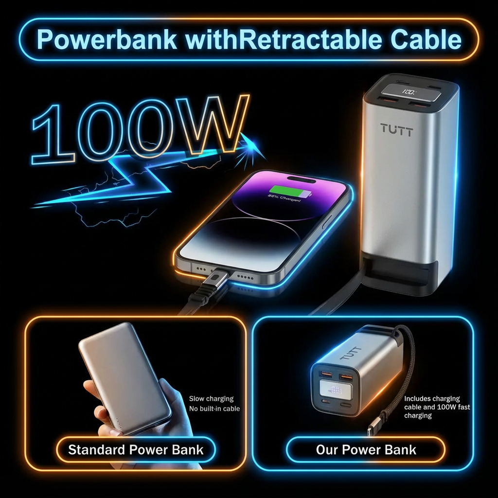 Power bank with retractable cable featuring TUTT branding on a dark background