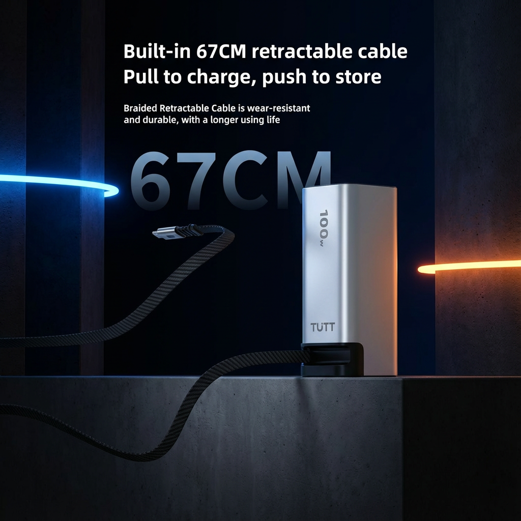 Retractable cable with charging device on a dark background, featuring text about cable length and functionality. TUTT Monitor, Laptop Power Bank 100W 20,000mAh Retractable Cable LCD Display L1