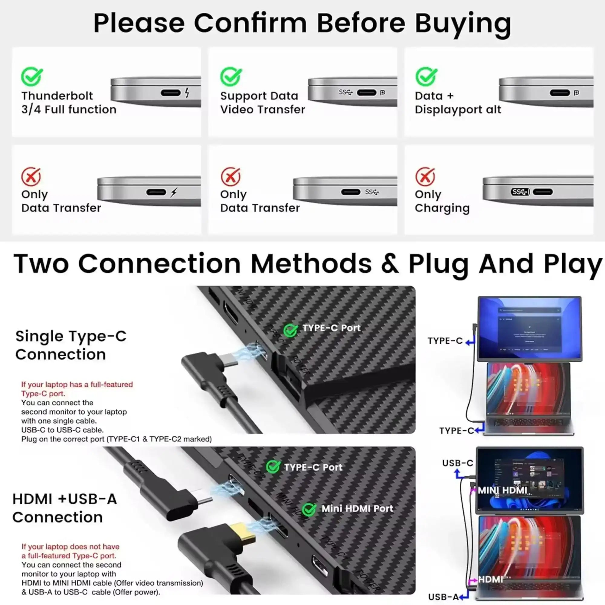 Laptop screen extender setup showing Type-C and HDMI connection methods, TUTT