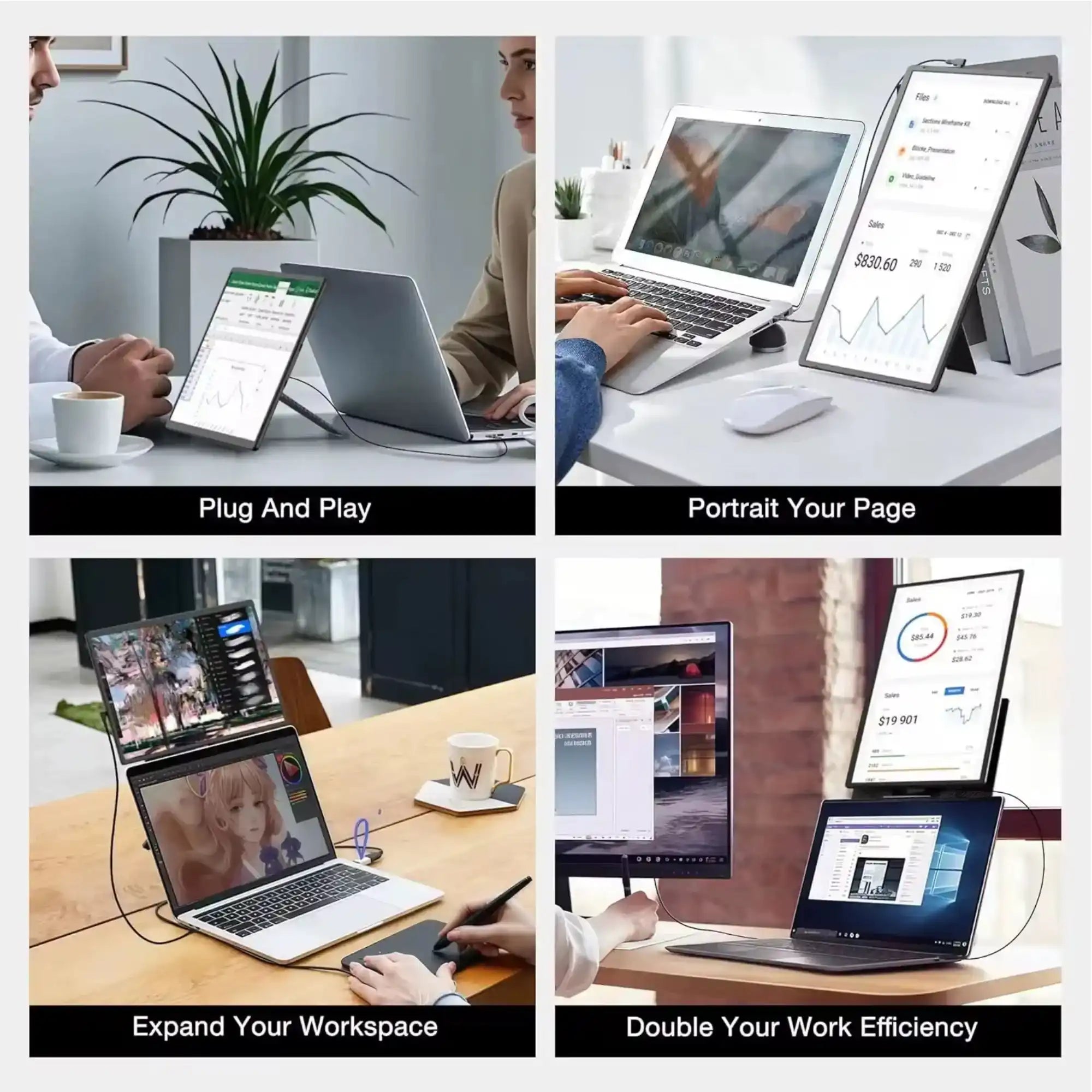Collage showing TUTT N2 portable monitor used as a laptop screen extender in various workspaces. TUTT