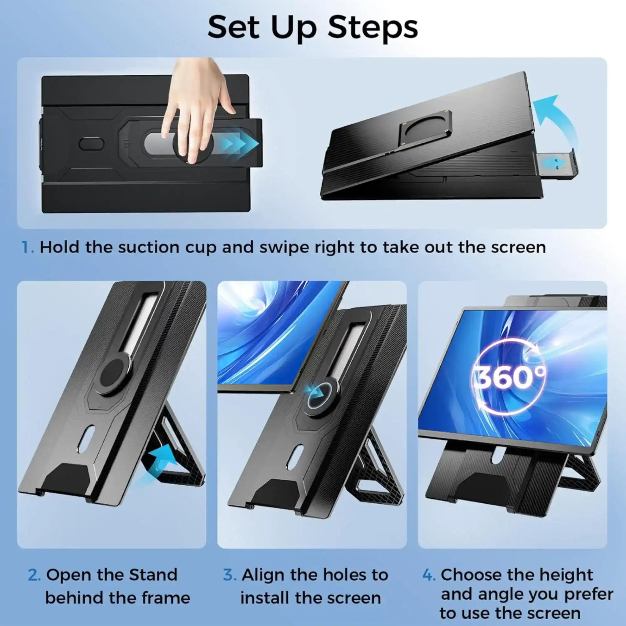 TUTT N2 portable monitor setup steps showing suction cup, stand, screen extender, and 360-degree rotation TUTT
