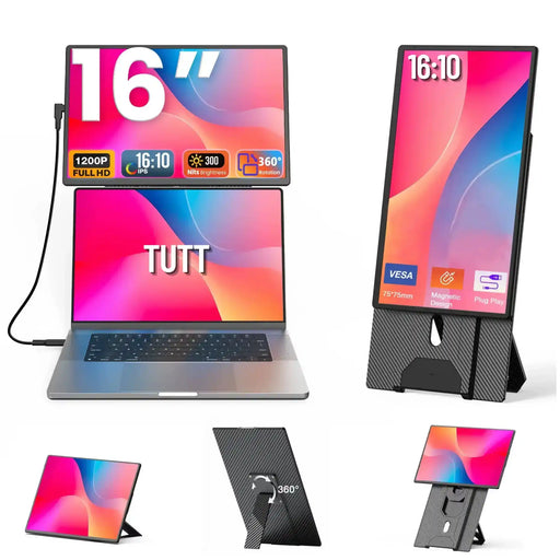 16-inch portable laptop monitor screen extender with stand, features and TUTT branding.