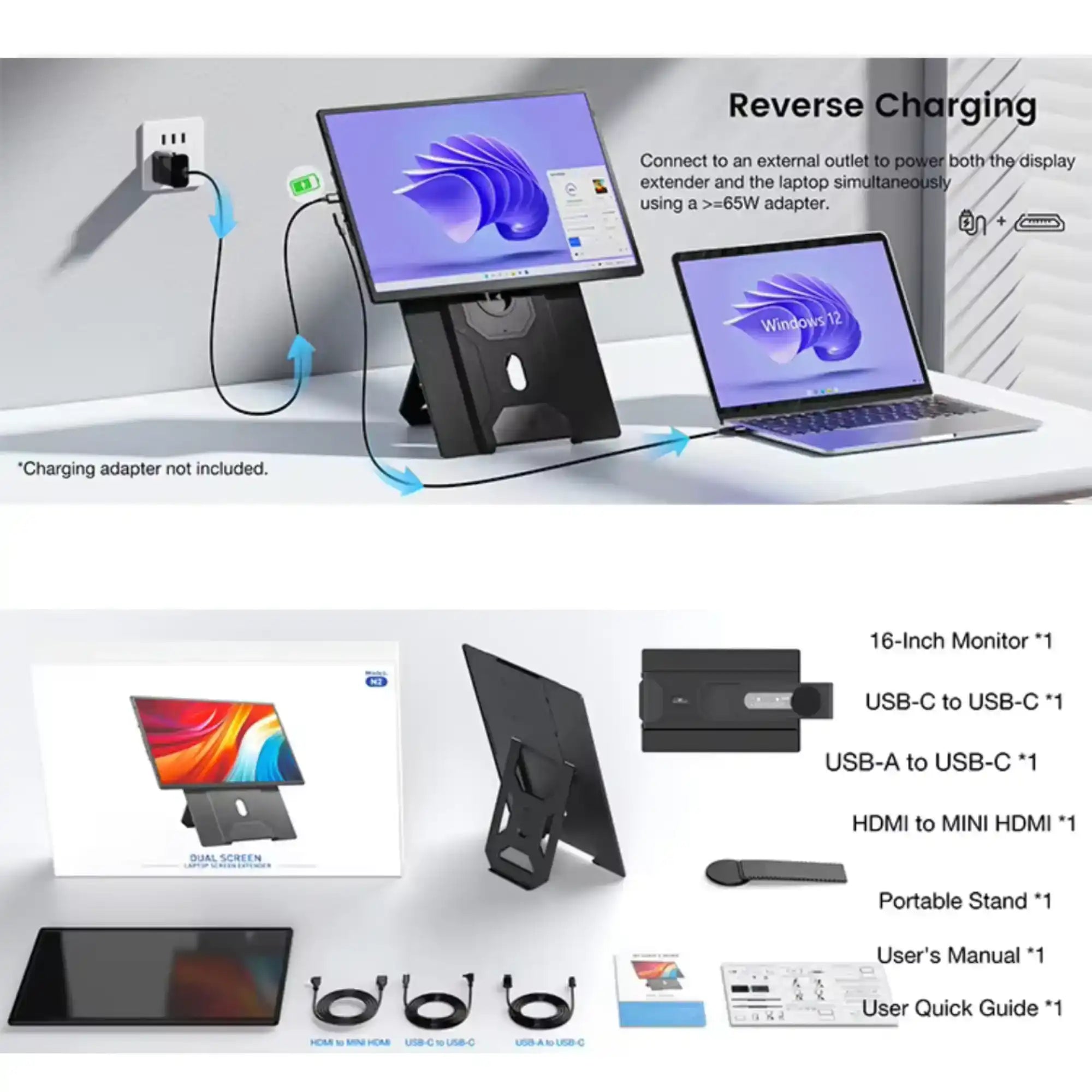 TUTT N2 portable monitor for laptop with stand, cables, and accessories shown in setup and package, screen extender TUTT