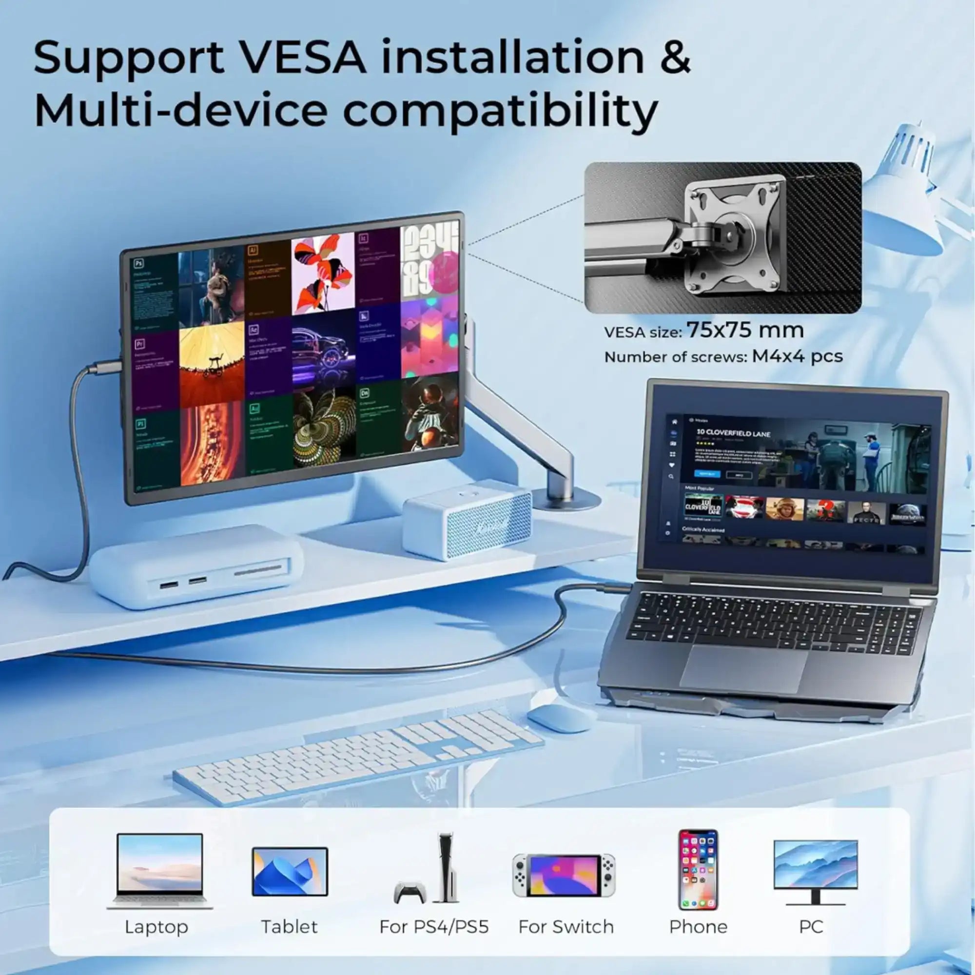 TUTT N2 portable monitor as laptop screen extender, supports VESA, multi-device use, desk setup TUTT