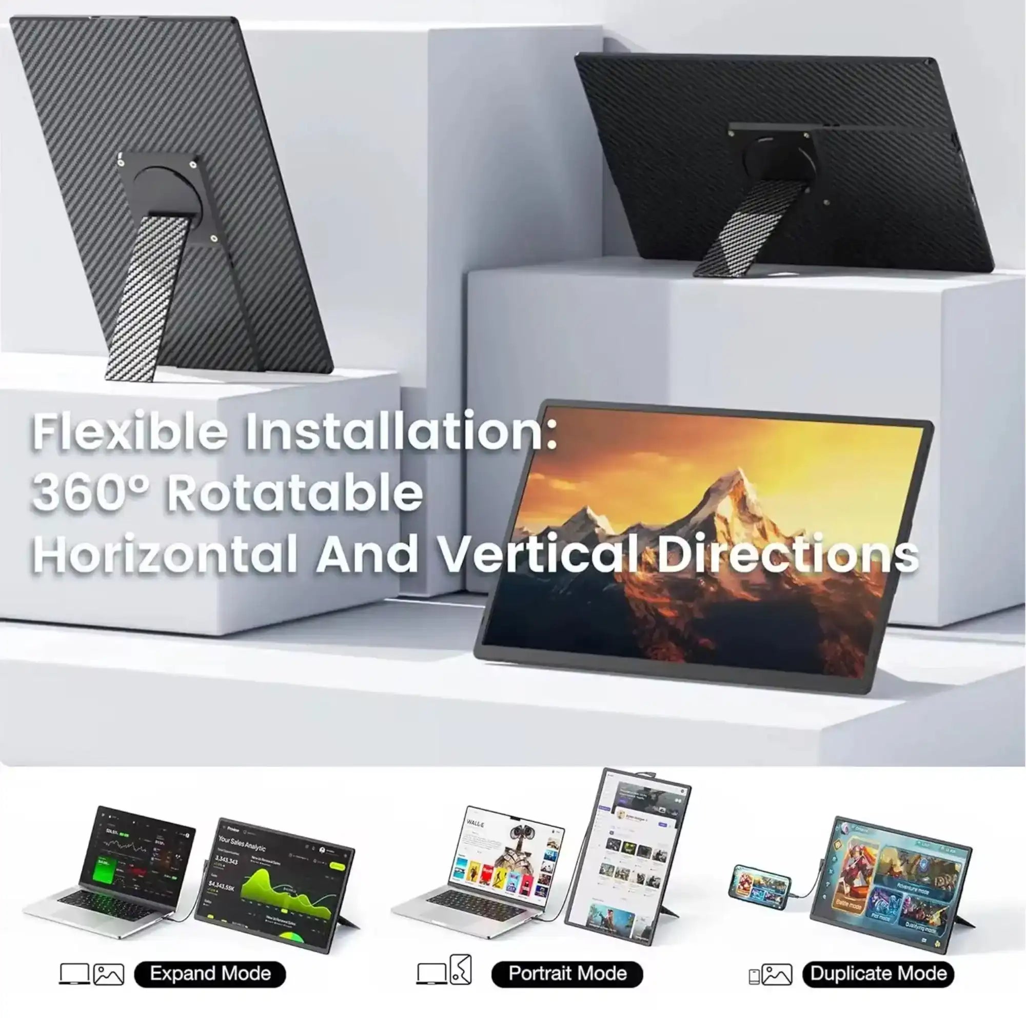 TUTT N2 portable laptop monitor screen extender with 360° rotatable stand, shown in horizontal and vertical modes, featuring mountain display and icons for expand, portrait, and duplicate modes. TUTT