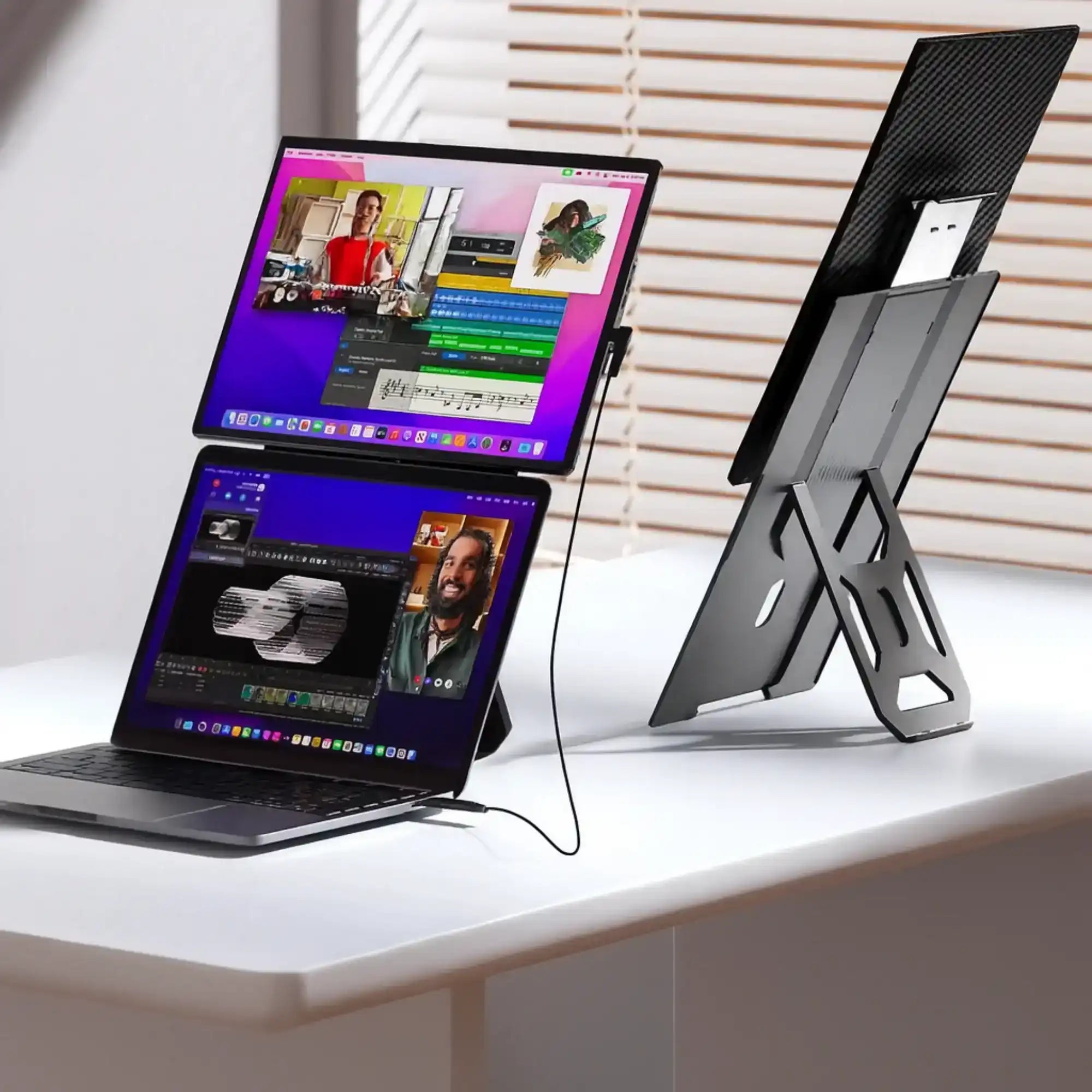 Portable laptop screen extender monitor set up on white desk with modern stand TUTT