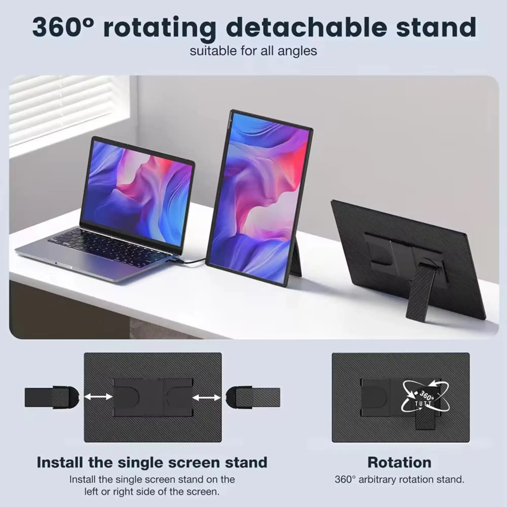 TUTT N3 portable monitor with 360° rotating detachable stand shown next to a laptop, on desk. TUTT