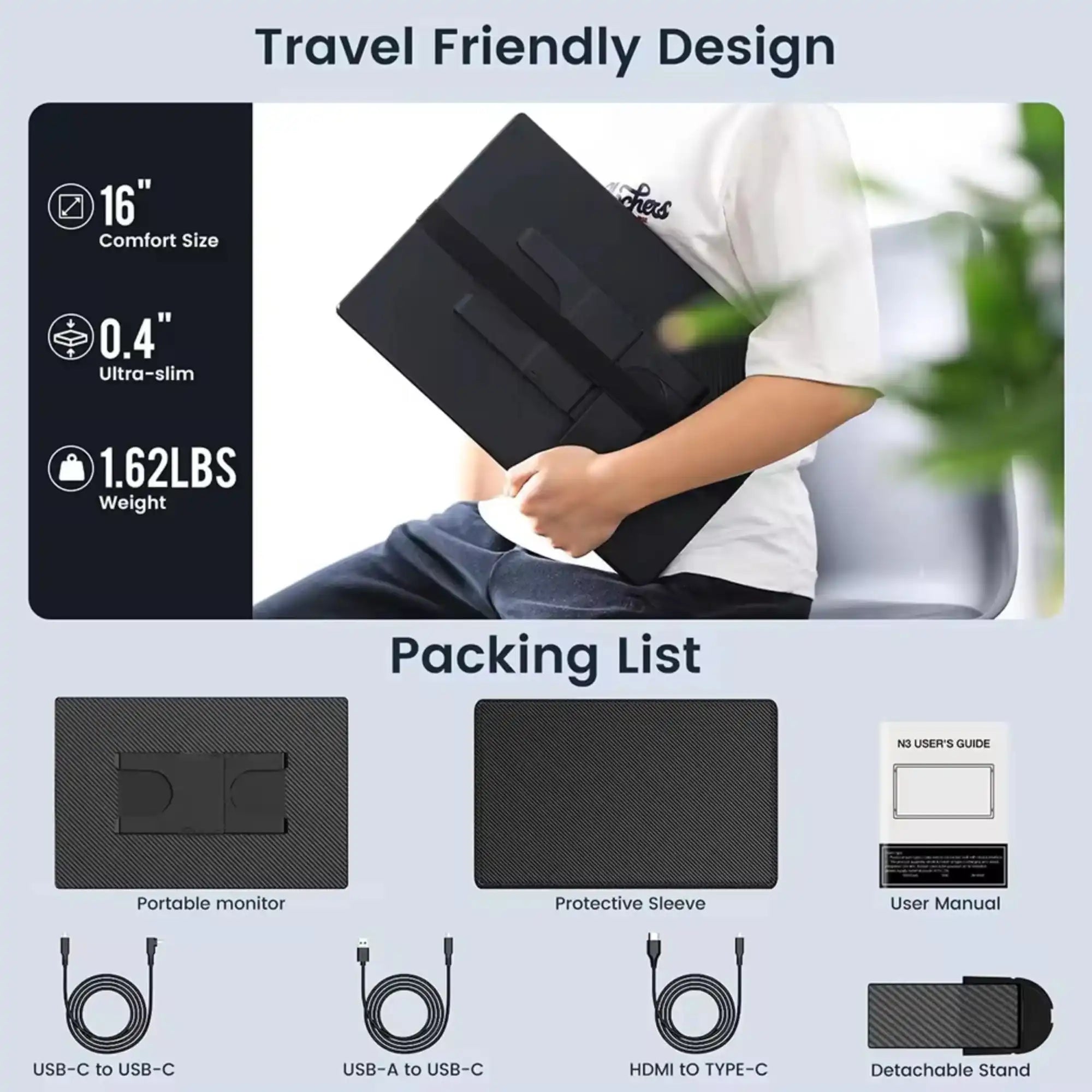 16 inch ultra-slim portable monitor with accessories and travel-friendly design, TUTT