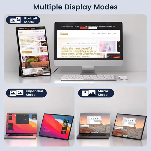 TUTT N3 portable monitor for laptop shown in portrait, expanded, and mirror display modes TUTT