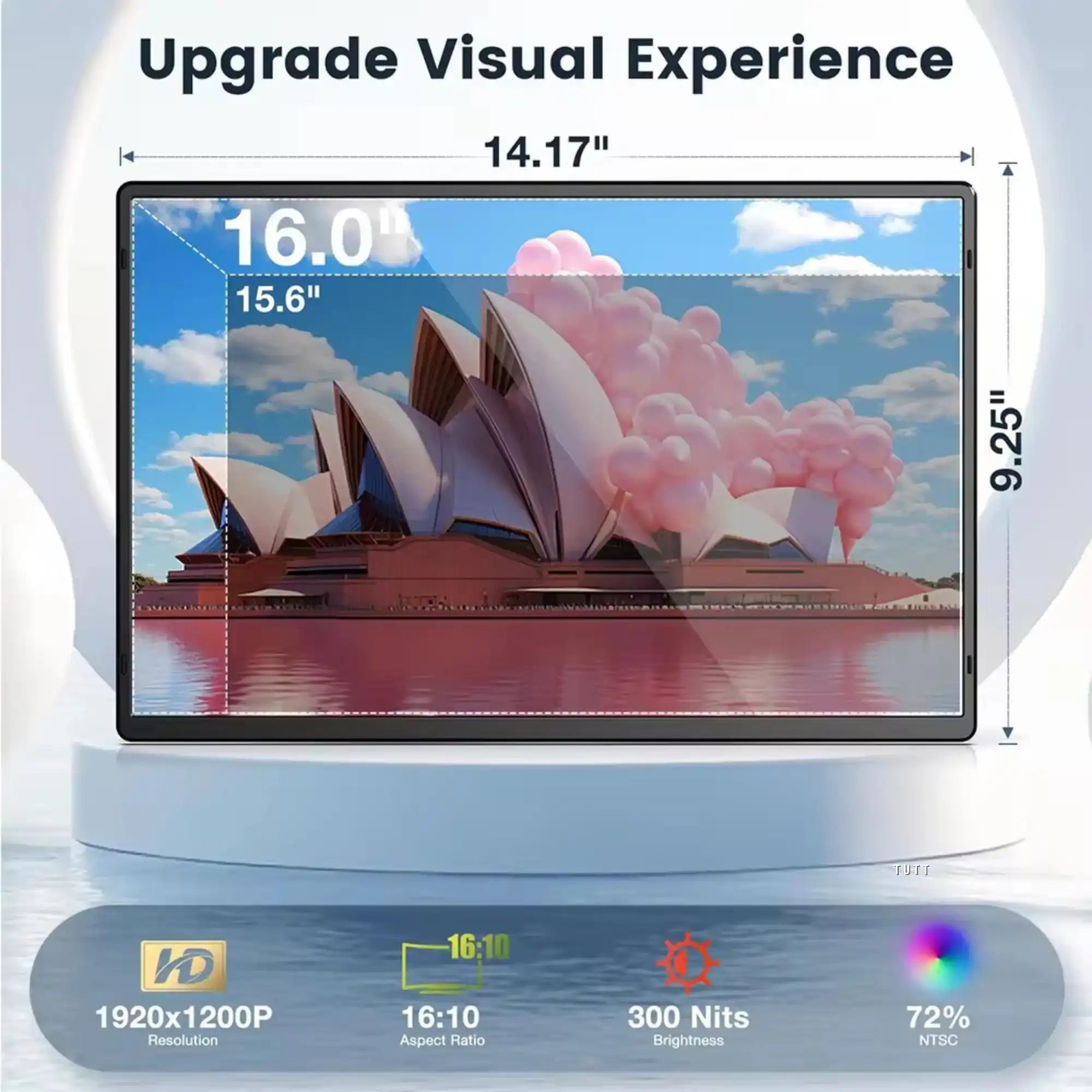 16-inch portable monitor for laptop with Sydney Opera House image, specs shown, TUTT