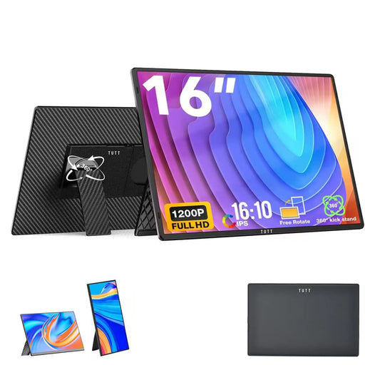 16-inch TUTT portable monitor with 1200P Full HD, 360-degree kickstand, and carbon fiber back TUTT