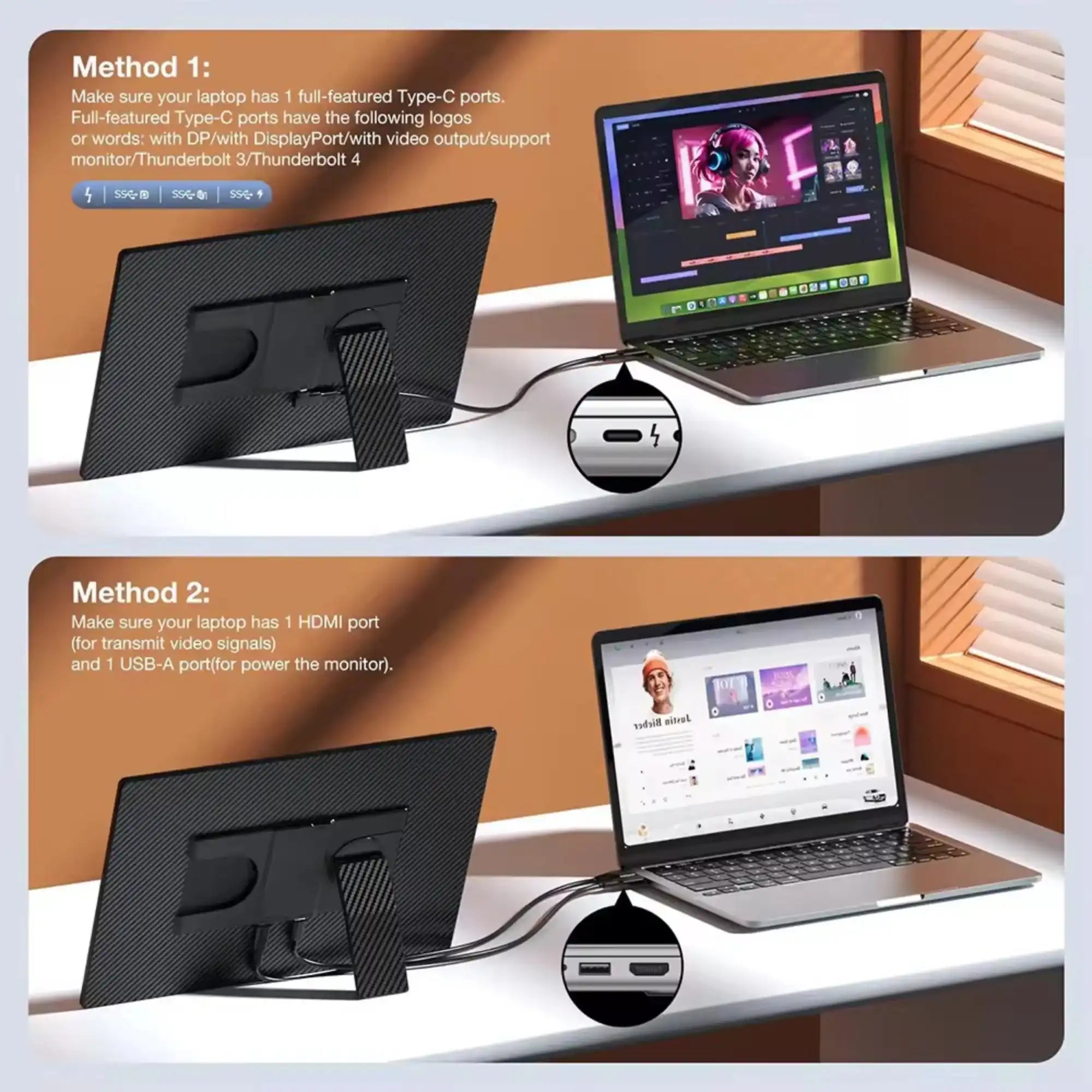 Portable monitor for laptop setup showing Type-C and HDMI connection methods, on a desk. TUTT