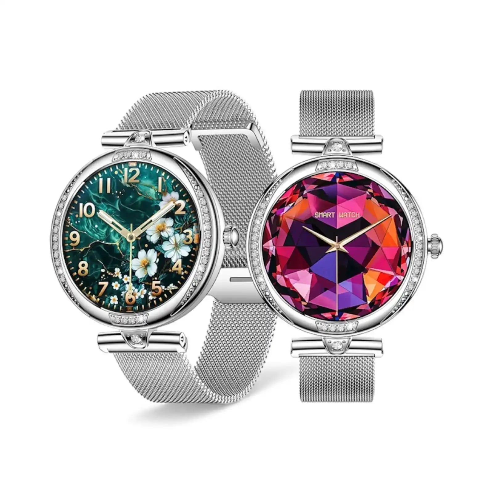 Two TUTT NX17 Pro smart watches for women with silver mesh bands, floral and geometric dials TUTT