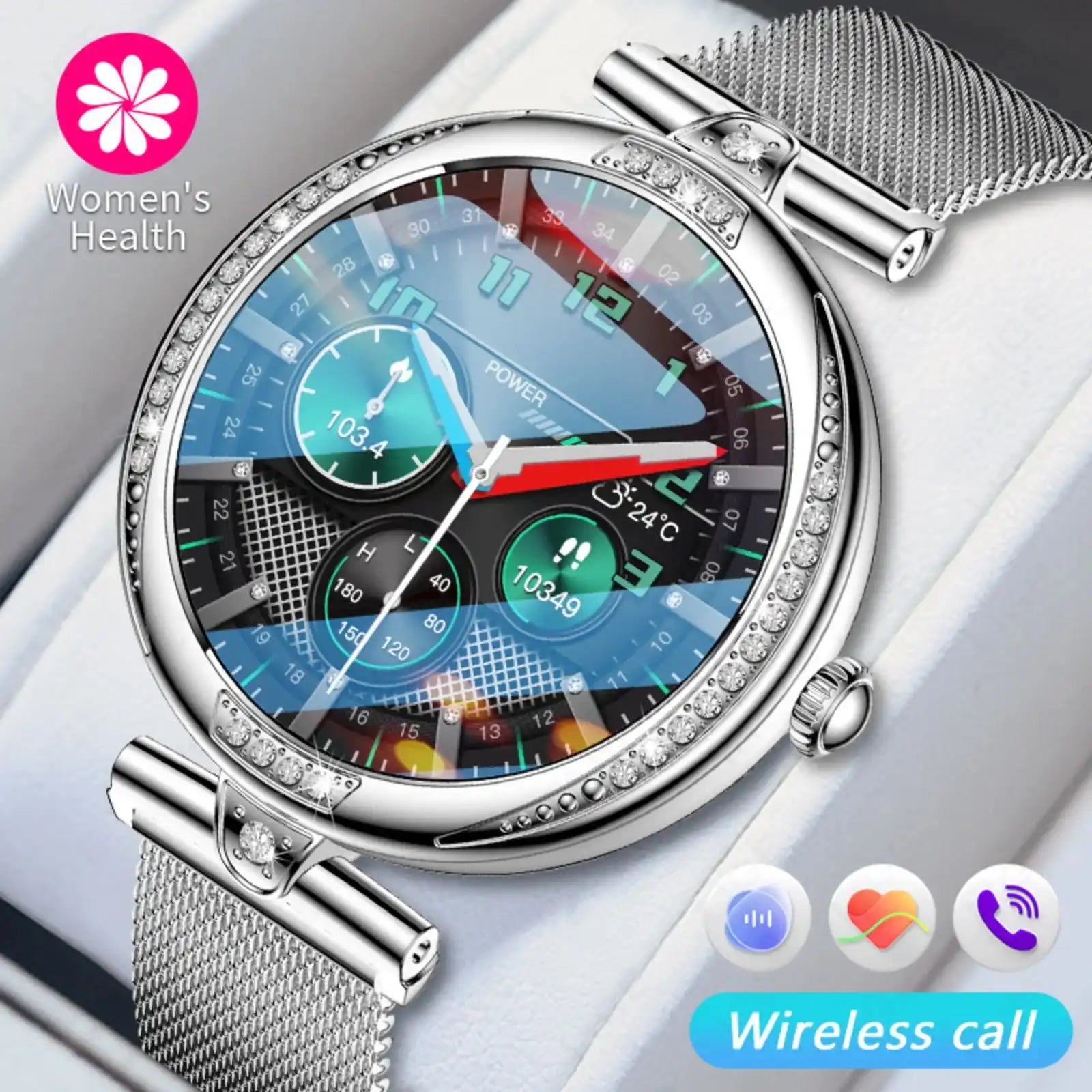 Silver TUTT NX17 Pro smart watch for women with mesh band, health and wireless call features TUTT