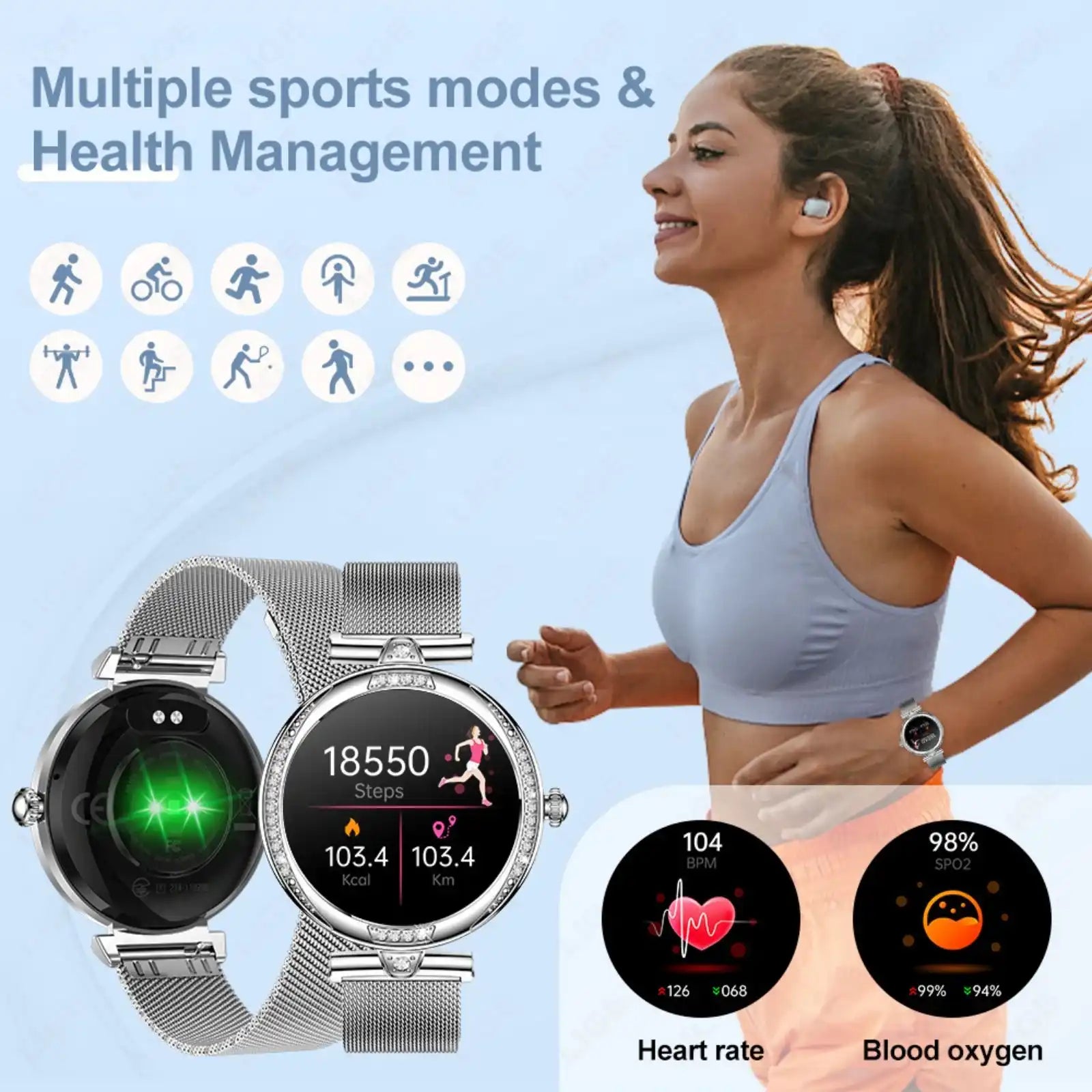 Woman running outdoors wearing TUTT NX17 Pro Smart Watch, fitness tracking display shown, TUTT