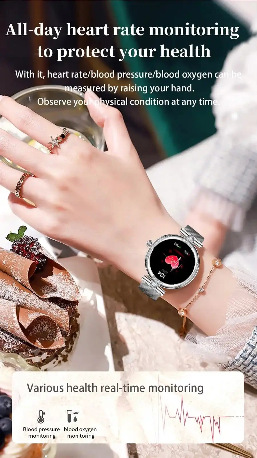 Woman wearing TUTT NX17 Pro smart watch with heart rate monitor display, dessert in background, TUTT