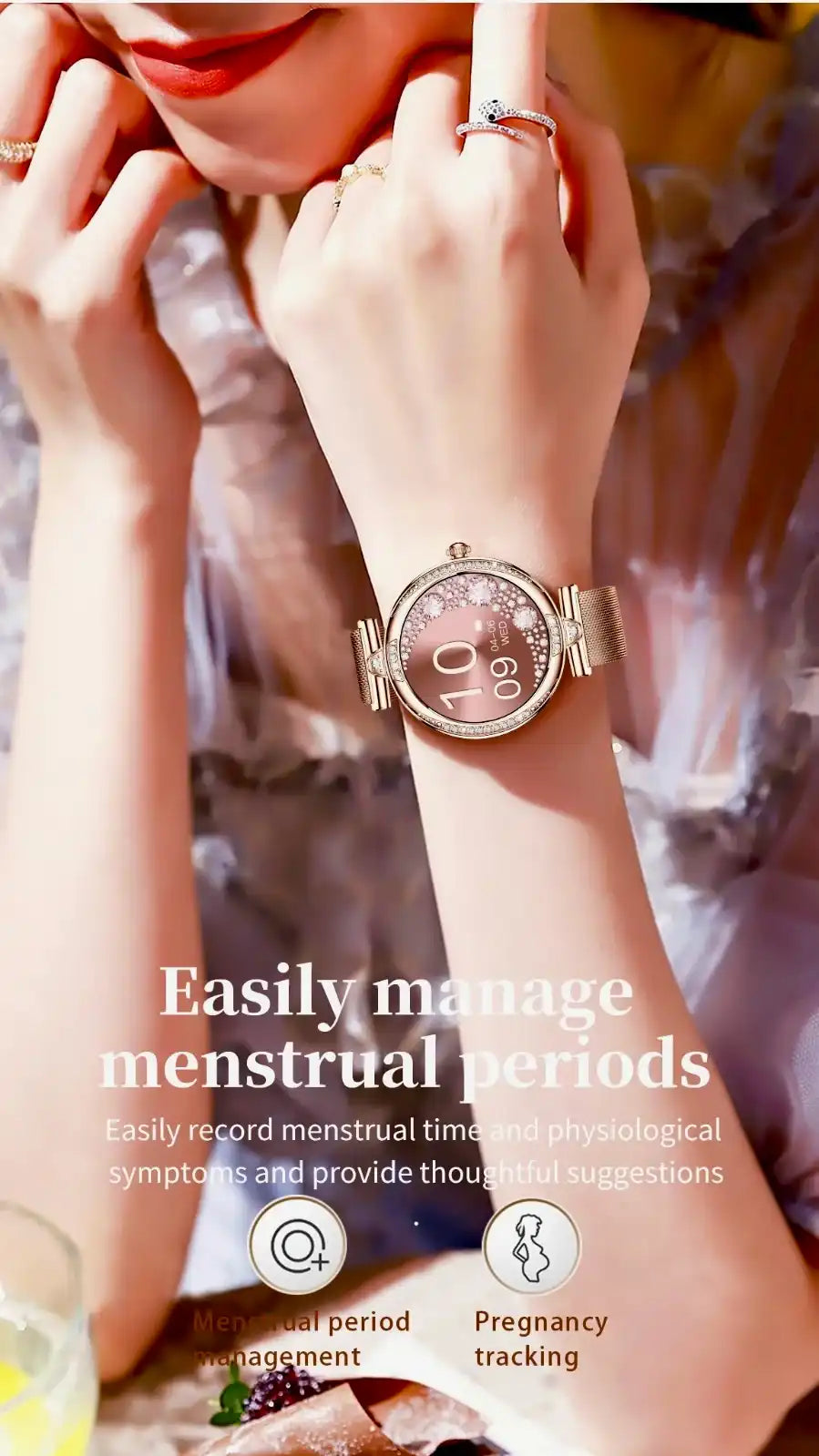 Woman wearing rose gold TUTT NX17 Pro smart watch for women with menstrual tracking feature TUTT