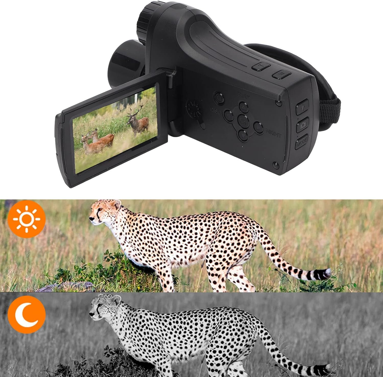 4K night vision camcorder with 8x zoom displaying wildlife footage; day and night mode comparison TUTT