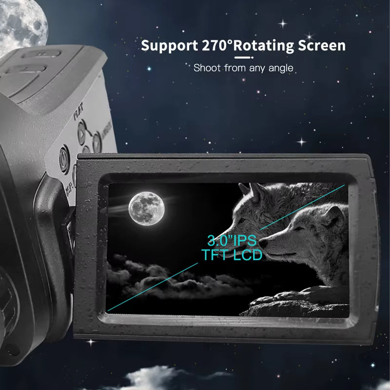 4K night vision camcorder with 3.0-inch IPS TFT LCD, 270° rotating screen, showing wolves under full moon TUTT