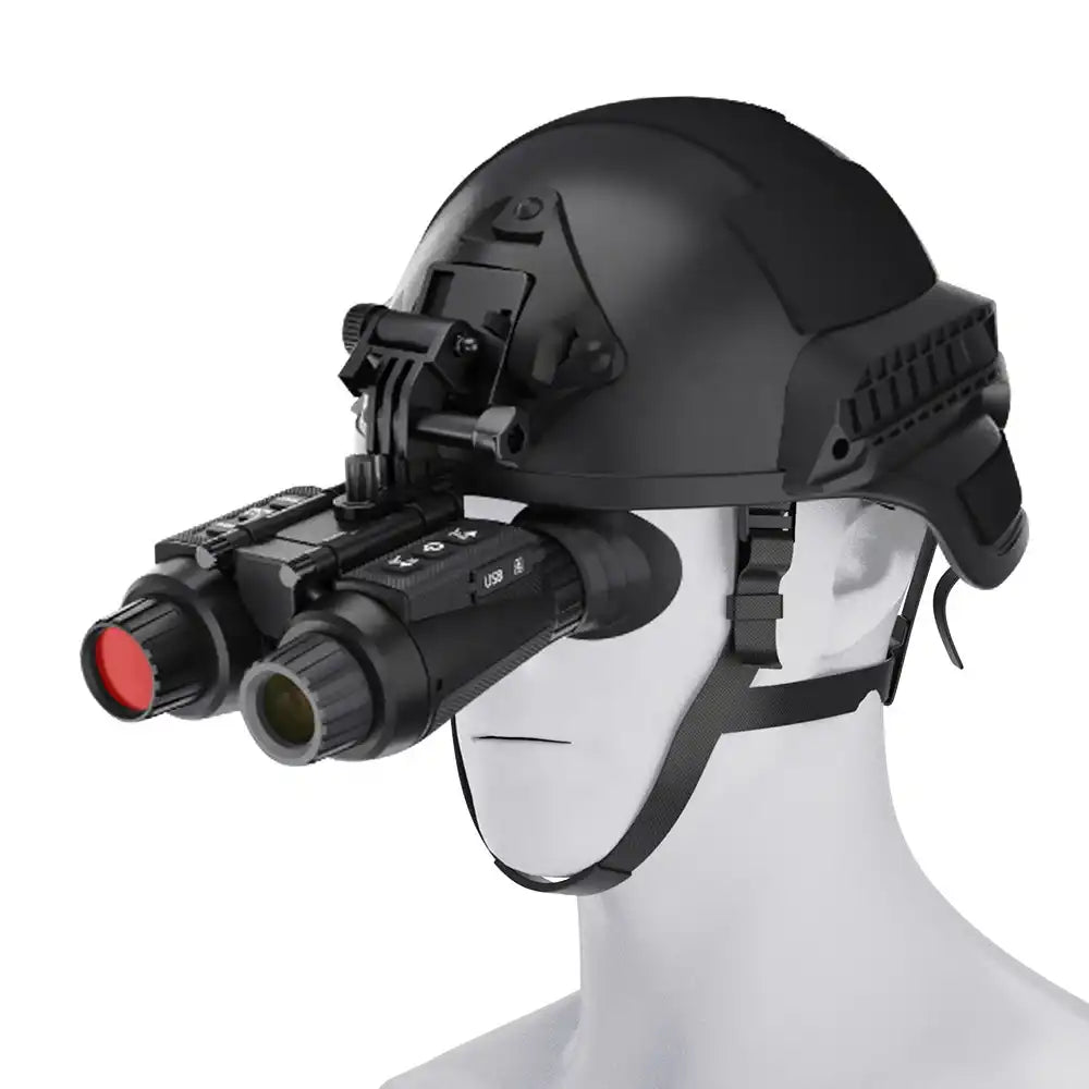 Black tactical helmet with mounted equipment on a mannequin head against a white background