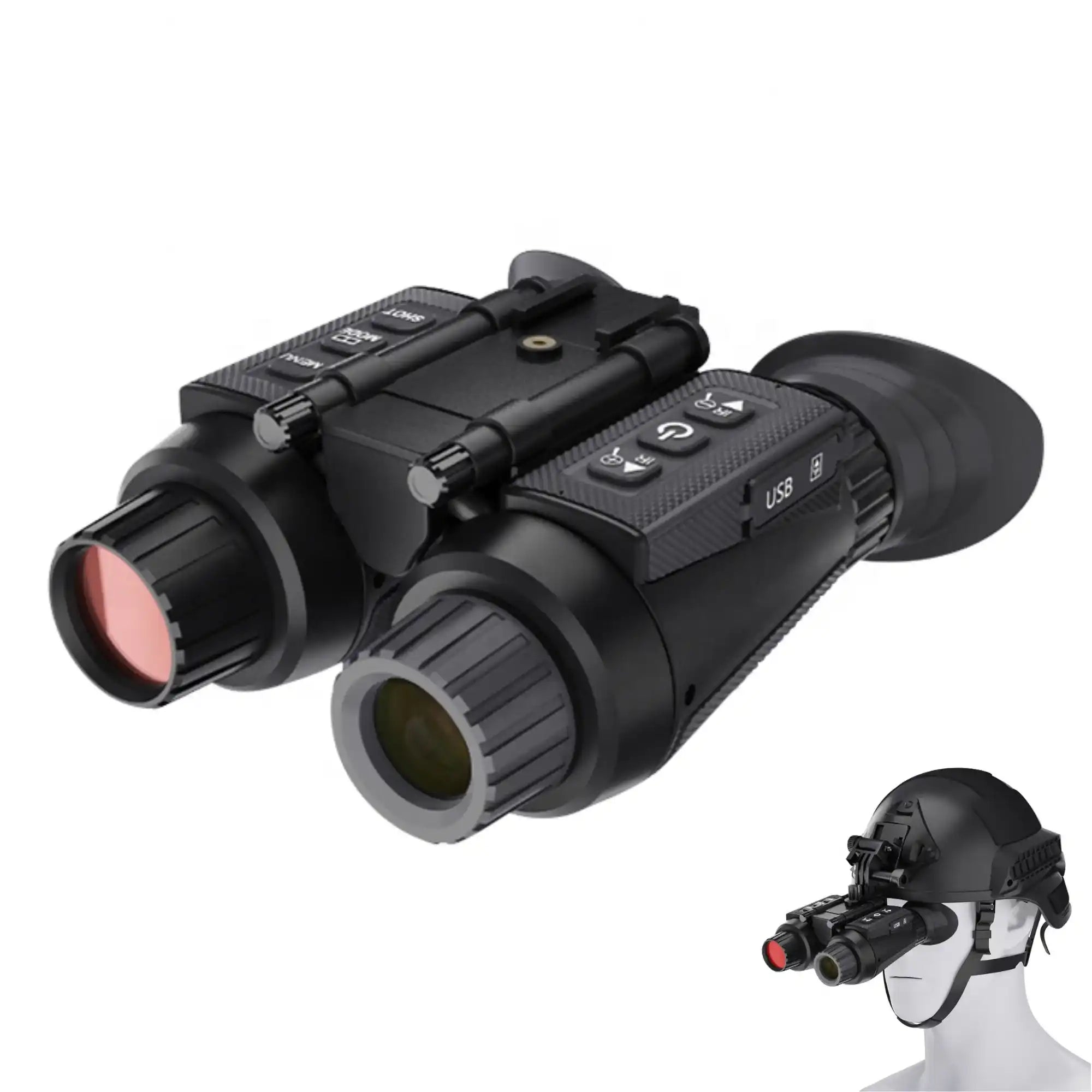 Digital night vision goggles with a headmount display on a white background