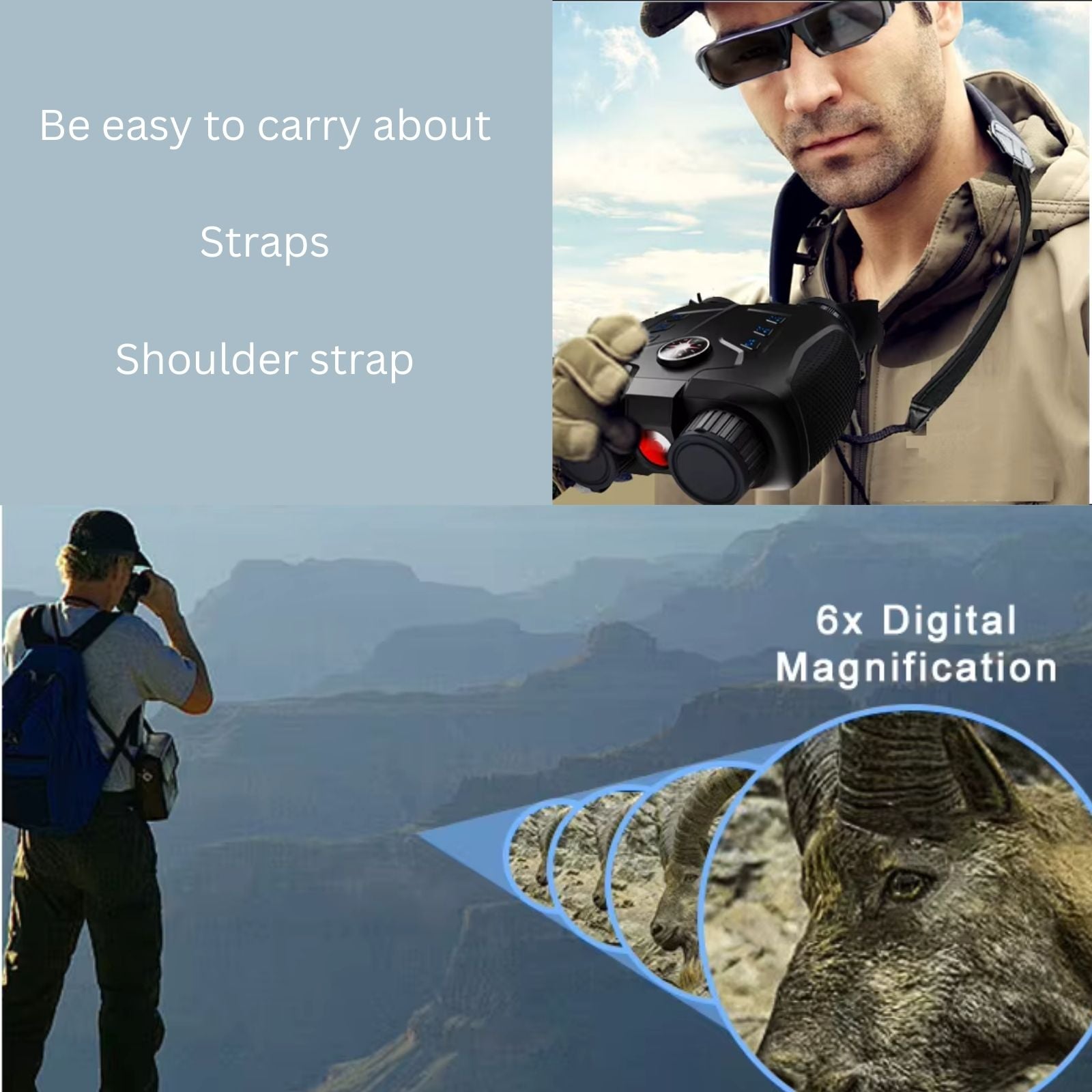 Man wearing sunglasses using night vision goggles with shoulder strap, 6x digital magnification view of mountain goat, outdoor landscape TUTT