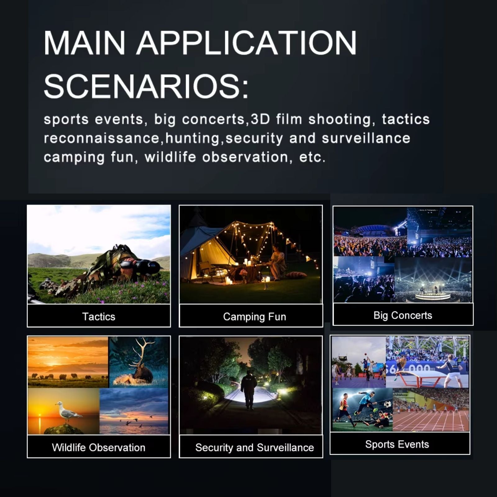 Main application scenarios text with images for tactics, camping fun, big concerts, wildlife observation, security surveillance, sports events TUTT