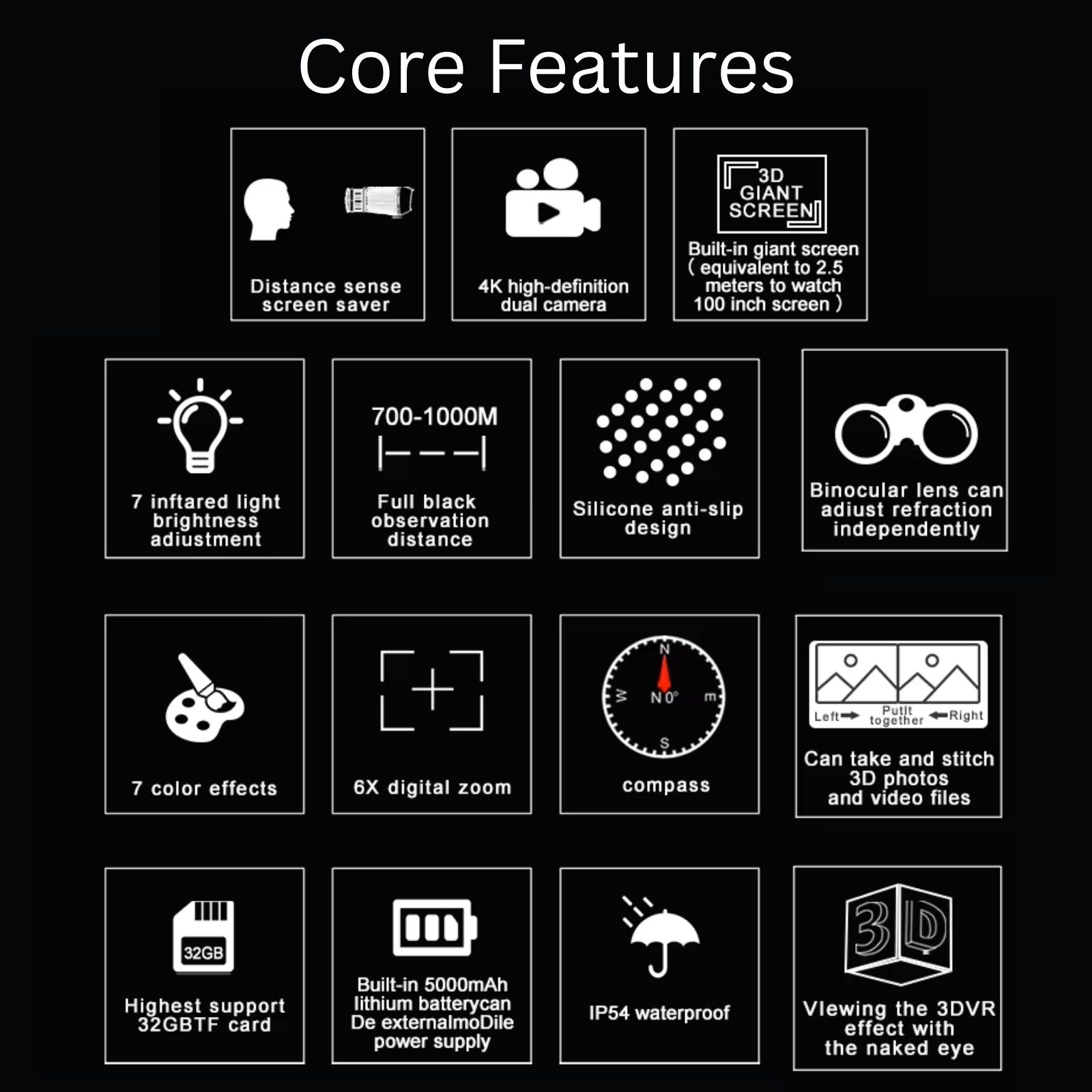 Core features icons including 4K dual camera, 3D giant screen, infrared light adjustment, 700-1000M black observation, anti-slip design, binocular lens, 7 color effects, 6X zoom, compass, 32GB card support, 5000mAh battery, IP54 waterproof, 3D VR viewing TUTT