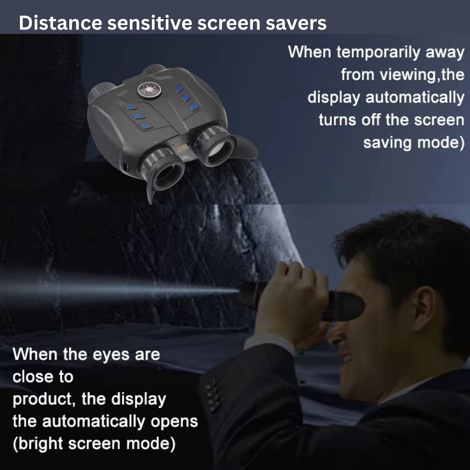 Night vision binoculars with compass and buttons used by man in suit, showing distance sensitive screen saver feature TUTT