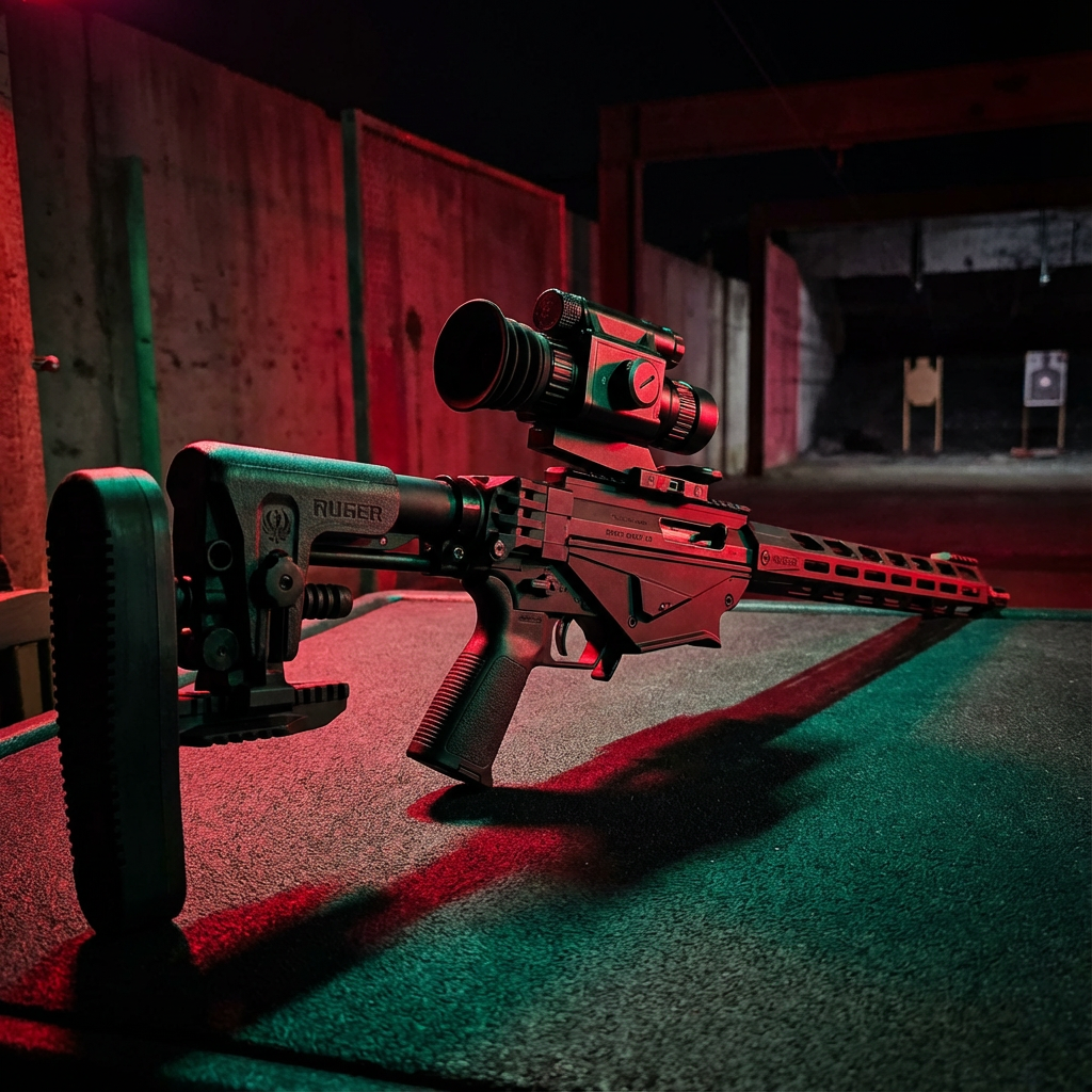 Night vision scope mounted on a tactical rifle at indoor shooting range, illuminated in red light, TUTT