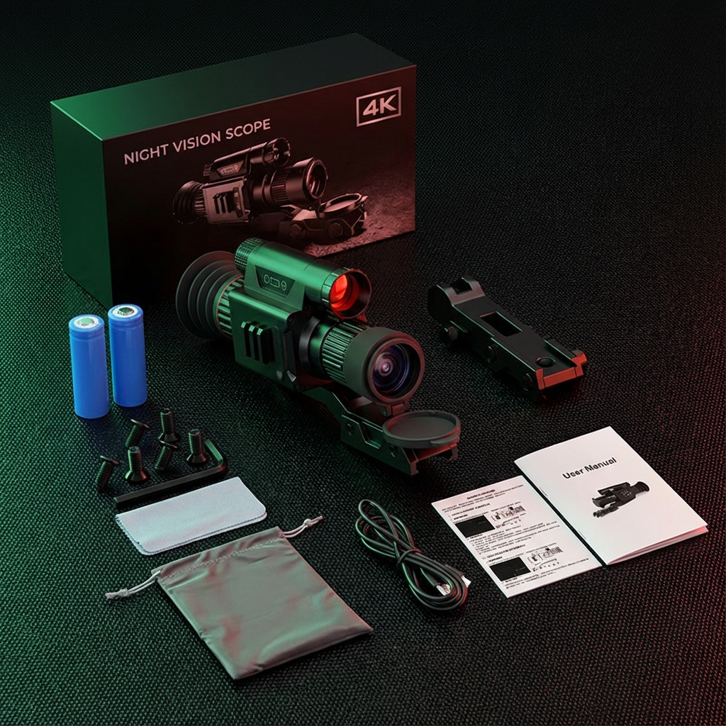 4K night vision scope kit with batteries, mount, screws, cables, and user manual, TUTT
