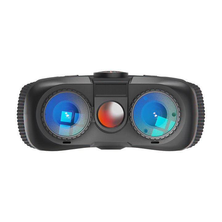 Front view of black night vision binoculars with blue-tinted lenses and central sensor, portable and compact design TUTT