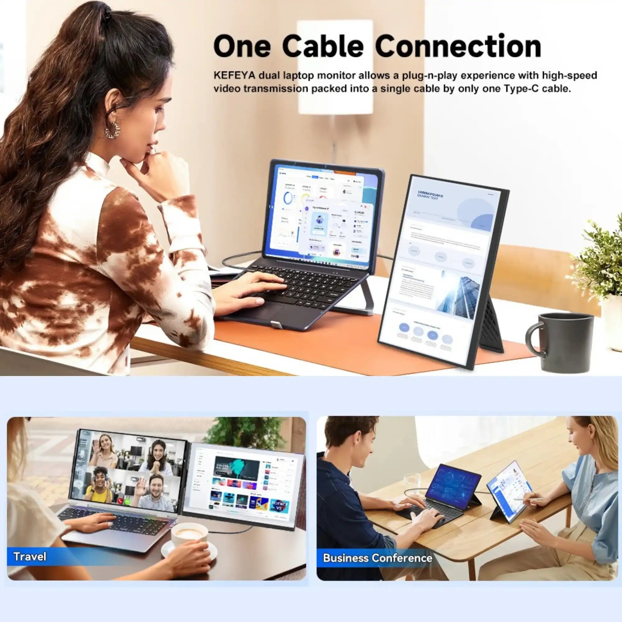 Woman using a dual portable monitor and laptop with Type-C cable for work, travel, business TUTT