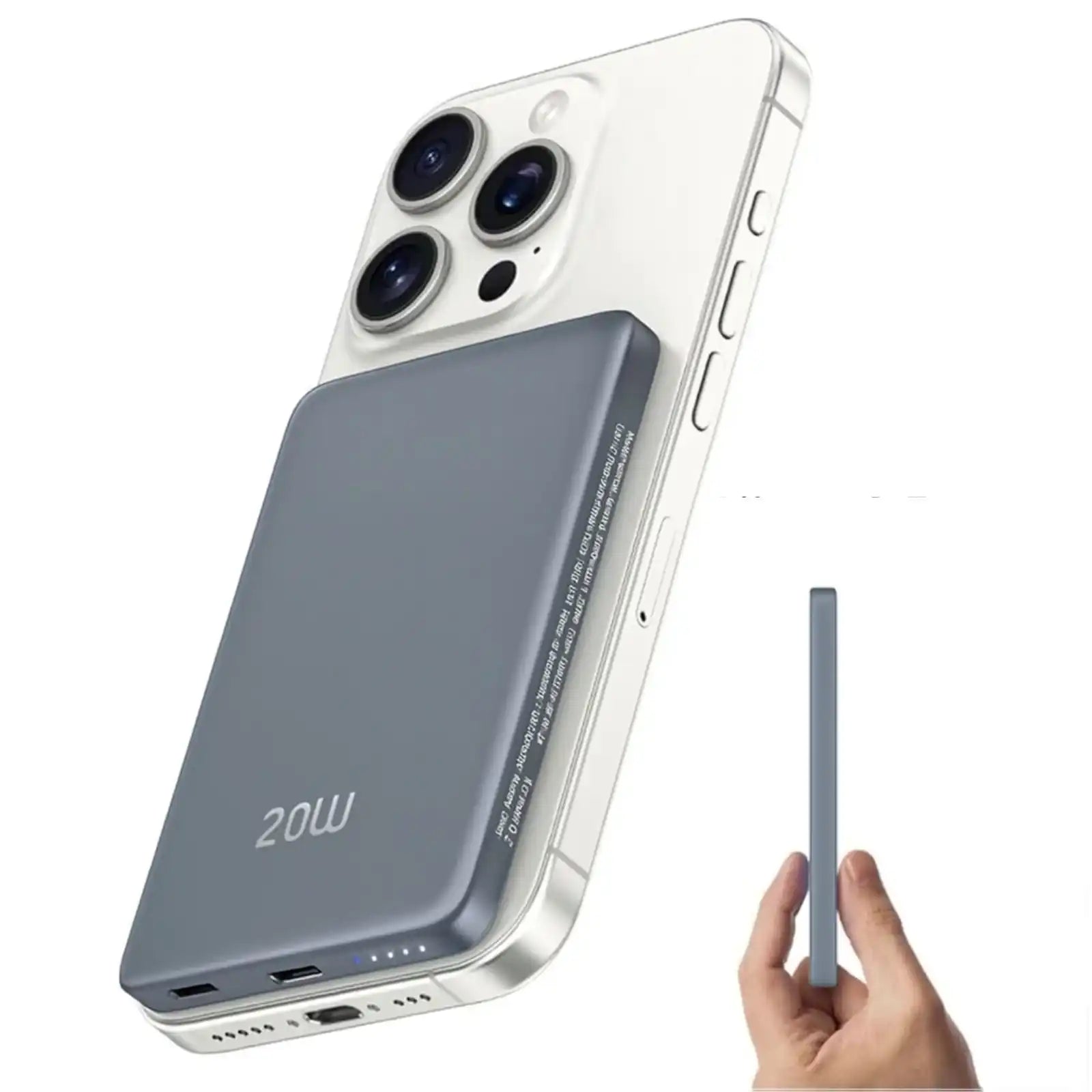 Gray 20W portable power bank attached to white smartphone with triple cameras, slim compact design TUTT