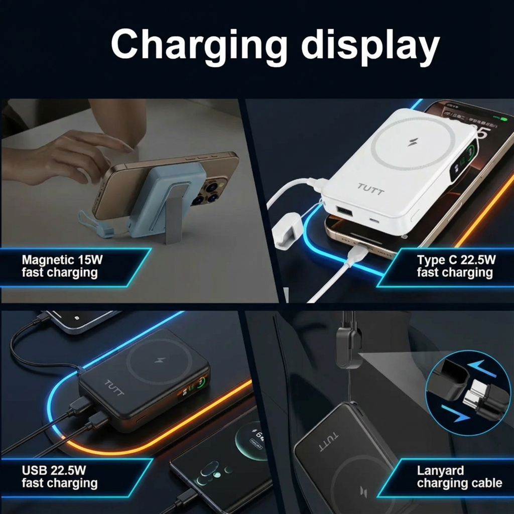 TUTT Power Bank 10000mAh Magnetic Wireless with Self-Wired Stand | PD22.5W & 15W Wireless | C5