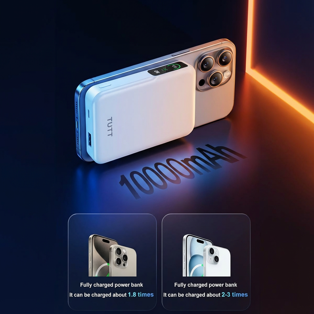 TUFF power bank with smartphone on a dark background TUTT Power Bank 10000mAh Magnetic Wireless with Self-Wired Stand | PD22.5W & 15W Wireless | C5