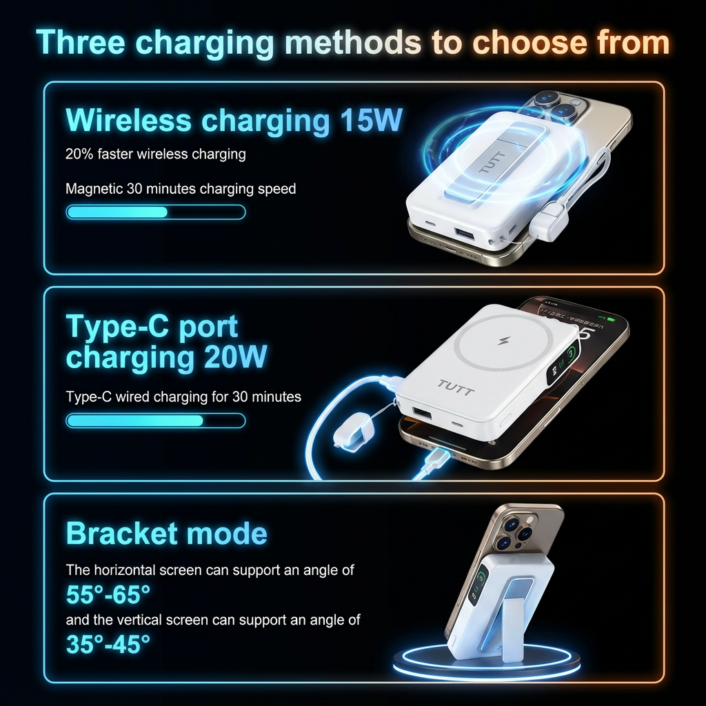 Three charging methods for a device with wireless, Type-C port, and bracket modes on a black background. TUTT Power Bank 10000mAh Magnetic Wireless with Self-Wired Stand | PD22.5W & 15W Wireless | C5