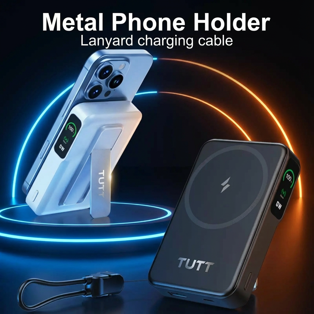 Metal phone holder with lanyard charging cable on a dark background TUTT Power Bank 10000mAh Magnetic Wireless with Self-Wired Stand | PD22.5W & 15W Wireless | C5