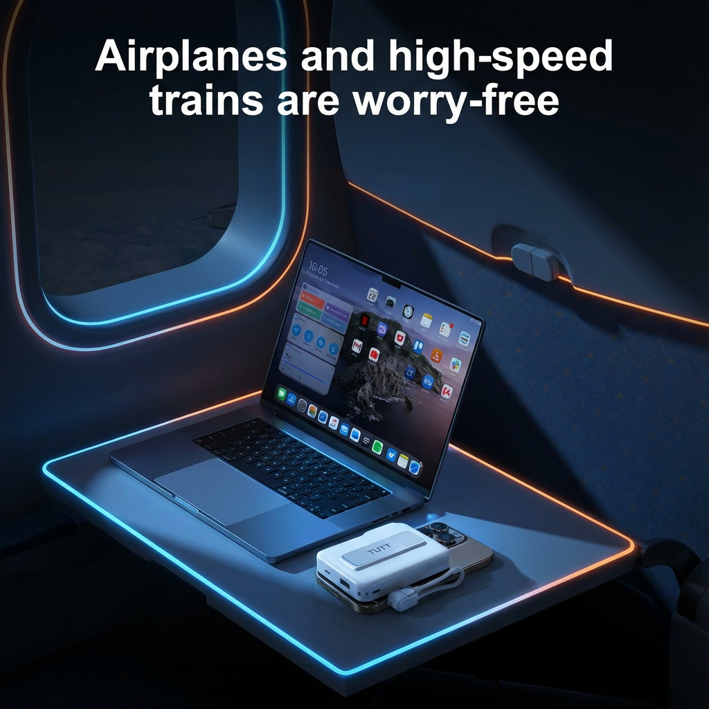 Laptop on a tray table with a phone and power adapter, set against a dark background with text about air travel.