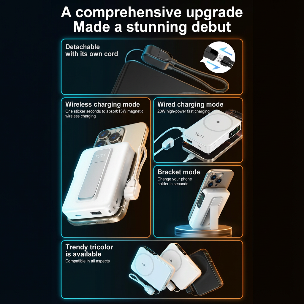 Multifunctional phone case with charging and bracket modes on a dark Firefly_KEEP_ALL_INFO_BRAND-_TUTT_once_on_product_-_image_Background-_60-_overlay_Darkbackground