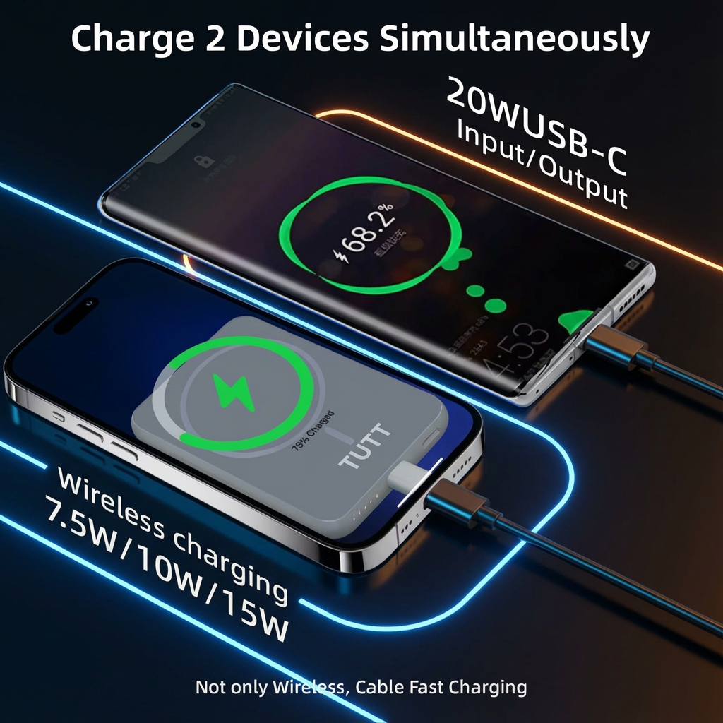 Two smartphones charging simultaneously with text indicating 20W USB-C input/output and wireless charging capabilities. TUTT Power Bank 5000mAh Magnetic Wireless  PD20W Fast Charging | Ultra Slim I5