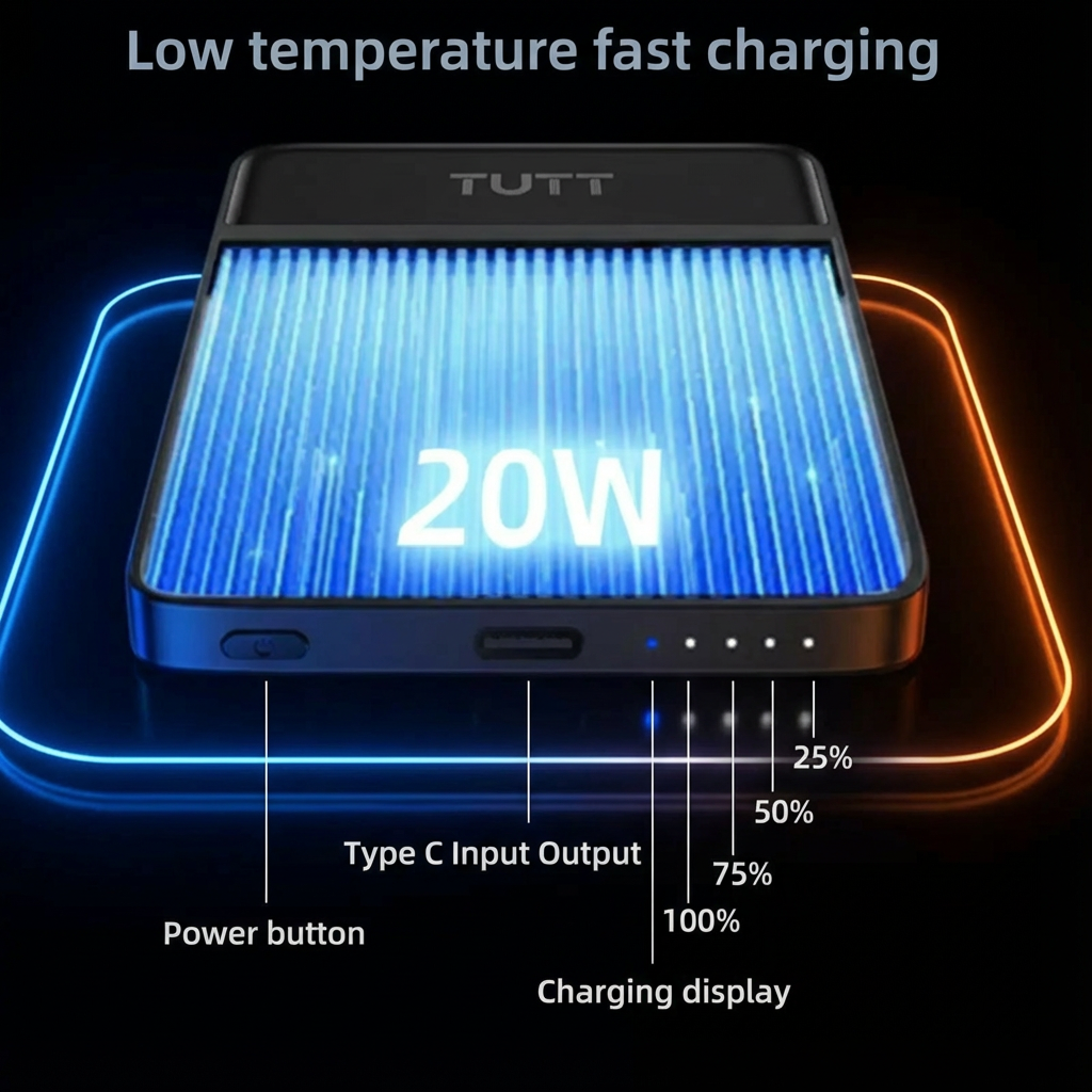 TUTT power bank with charging display and text 'Low temperature fast charging' on a dark background