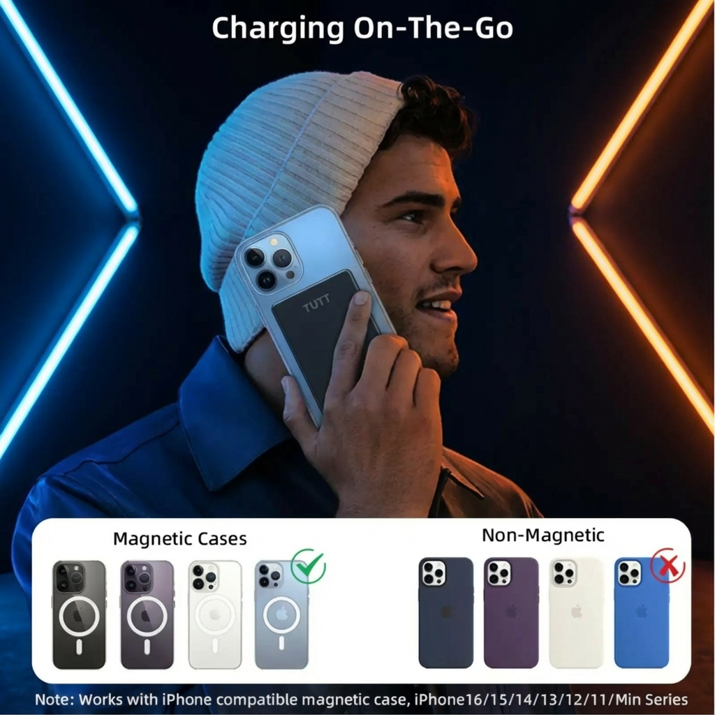 Man talking on phone with magnetic case option highlighted against neon TUTT Power Bank 5000mAh Magnetic Wireless  PD20W Fast Charging | Ultra Slim I5lights