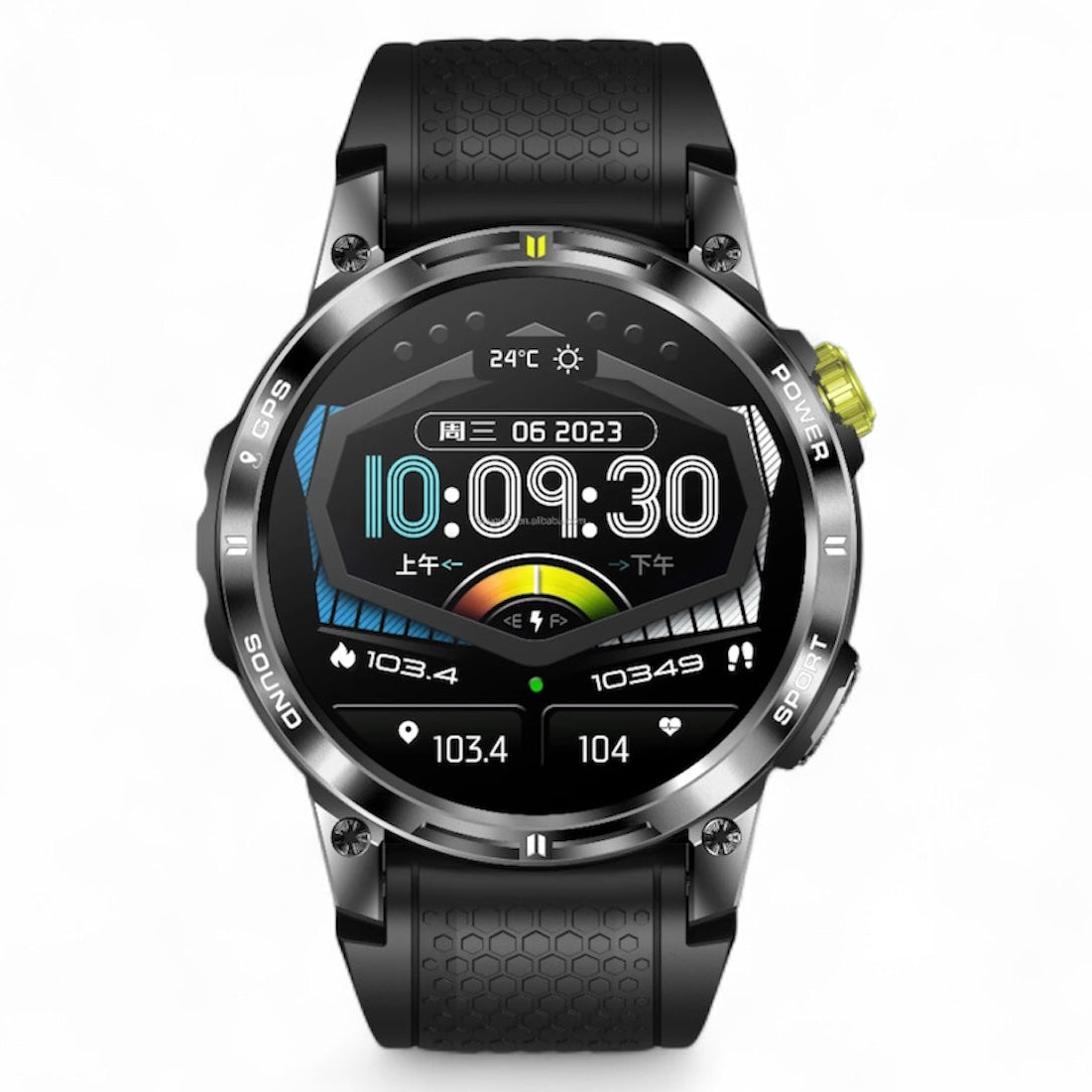 Rugged smartwatch with black metal dial, AMOLED display, fitness stats, and GPS features TUTT