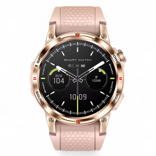 Rugged gold metal smartwatch with pink strap, AMOLED display, fitness tracking, digital dial. TUTT