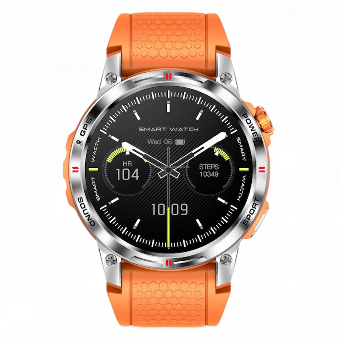 Rugged smartwatch with orange strap, round metal dial, digital fitness display, TUTT