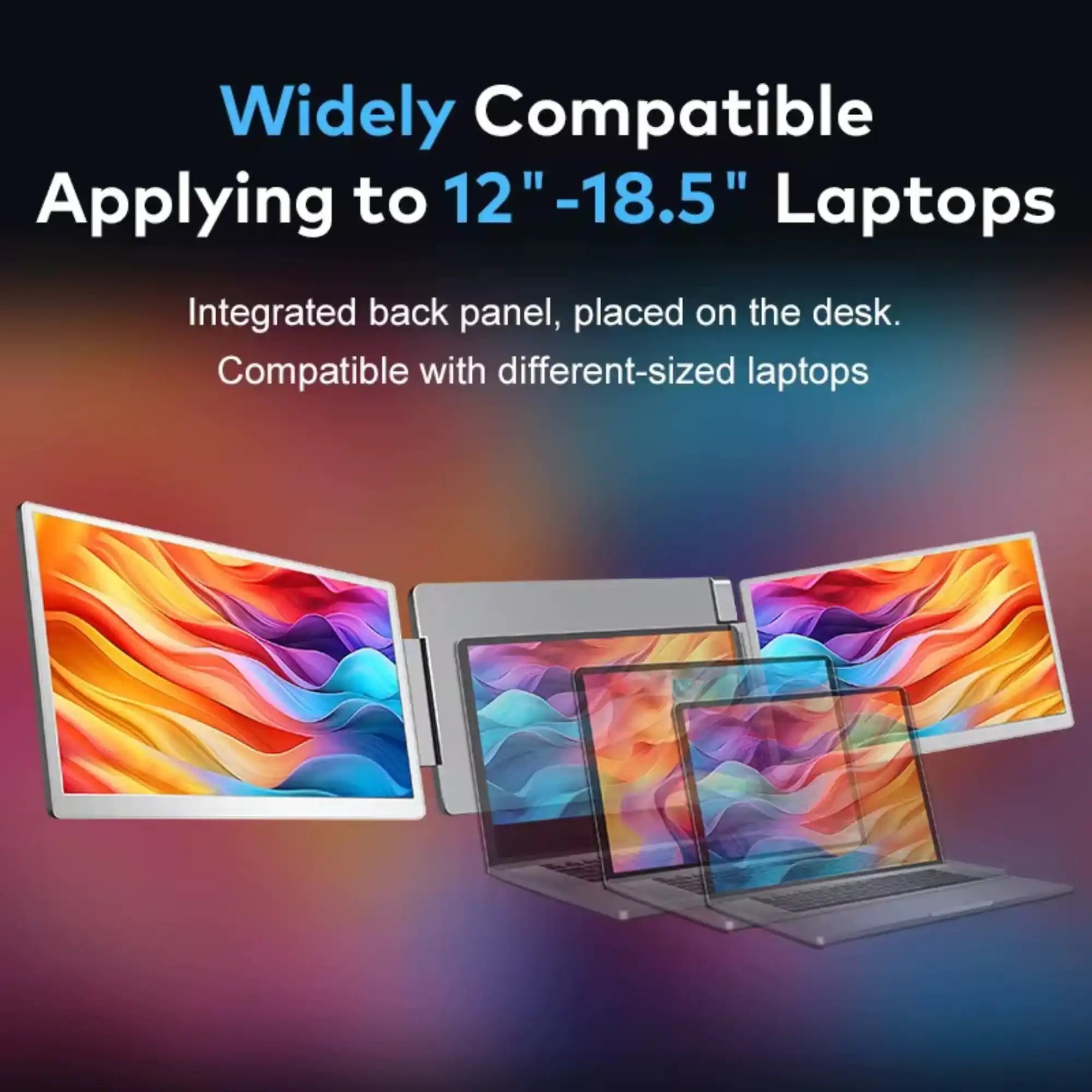 Triple portable monitor setup attached to laptop with vibrant screens, compatible with 12-18.5 inch laptops TUTT