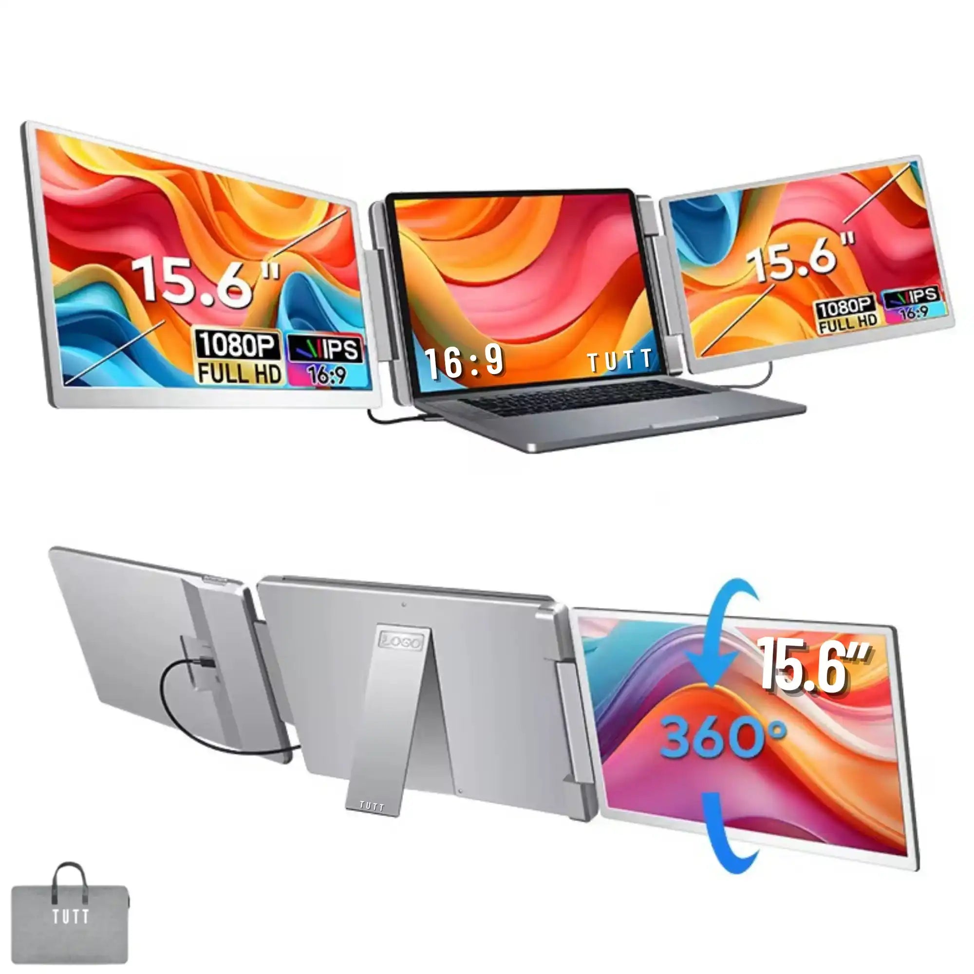 Portable triple screen 15.6-inch monitor for laptop, 1080p IPS, 360° rotation, TUTT