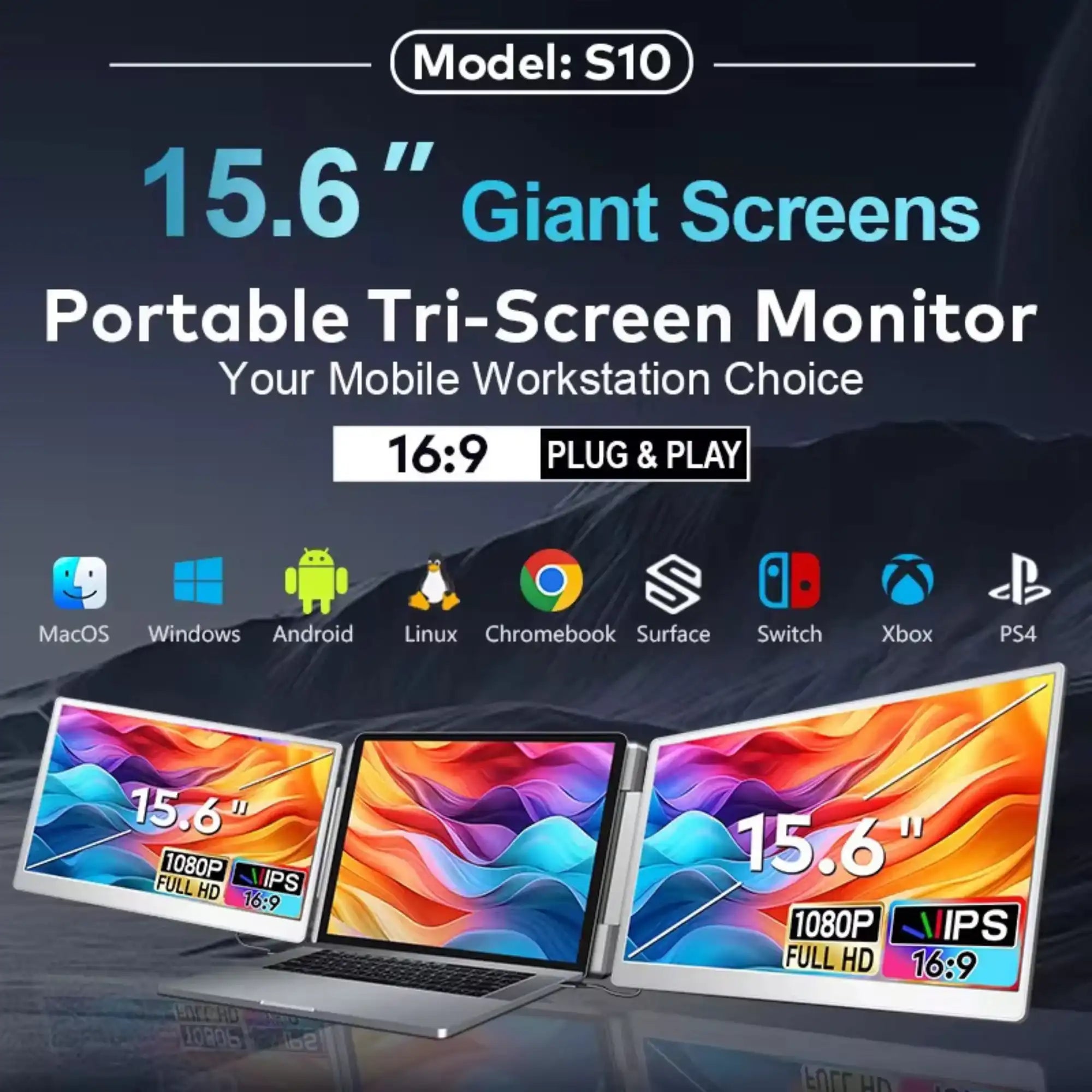 15.6-inch portable tri-screen monitor for laptop, model S10, Full HD 1080P, plug and play, compatible with MacOS, Windows, Android, Linux, Chromebook, Surface, Switch, Xbox, and PS4, TUTT