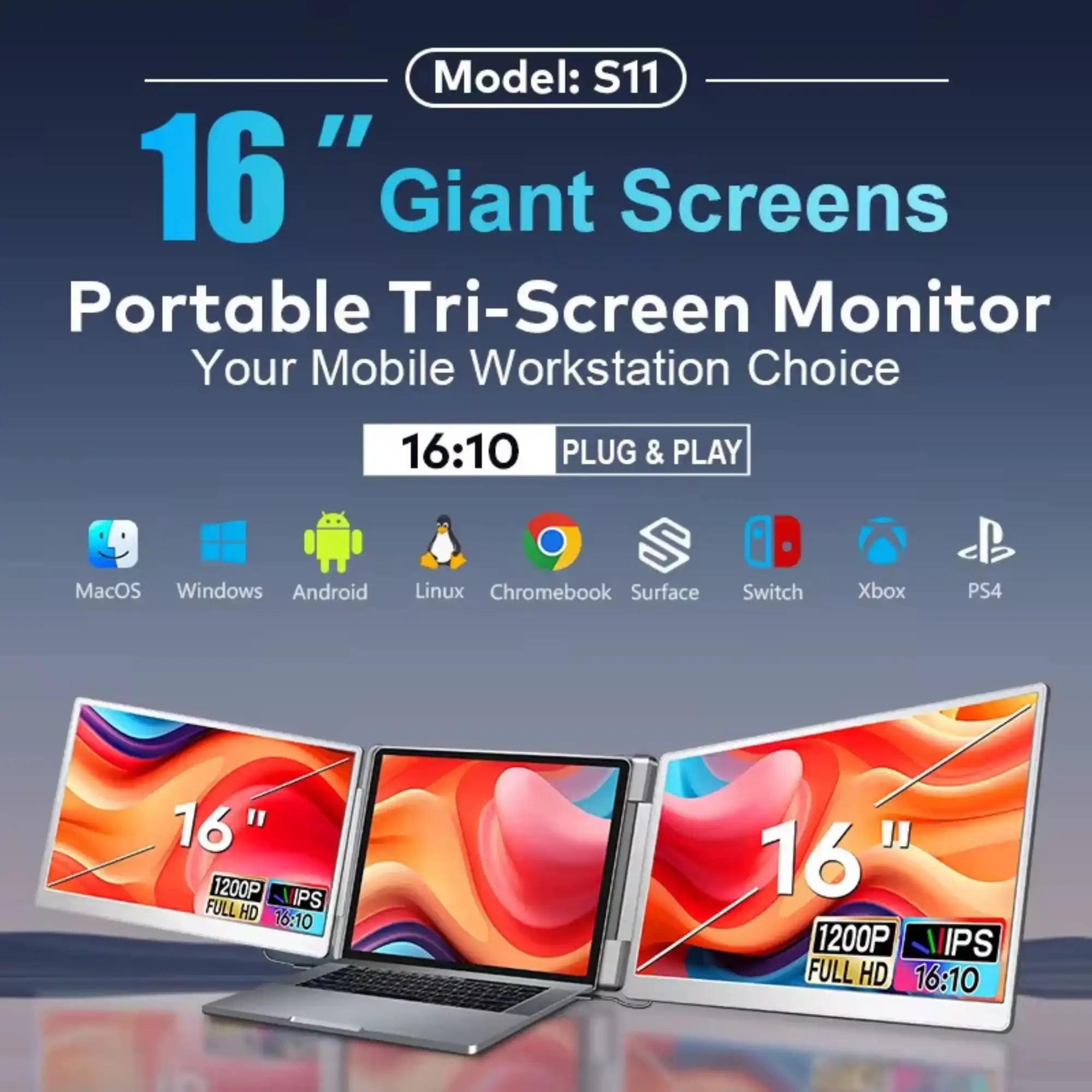 16-inch portable tri-screen monitor for laptop, model S11, with vibrant displays and compatibility icons, TUTT